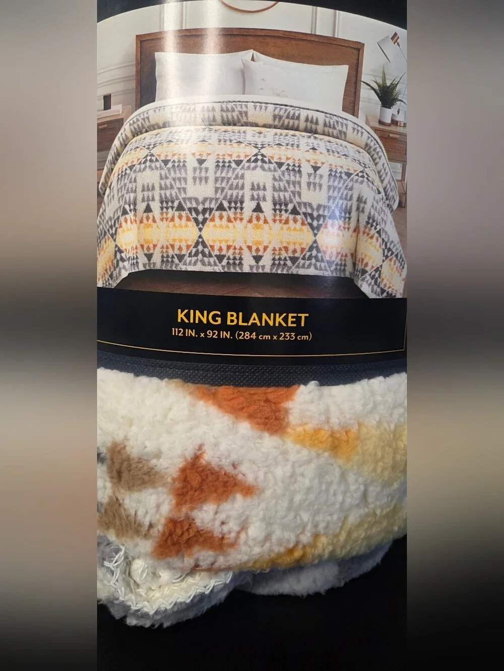 Pendleton Sherpa King Blanket in Cream, Orange & Gray Geometric